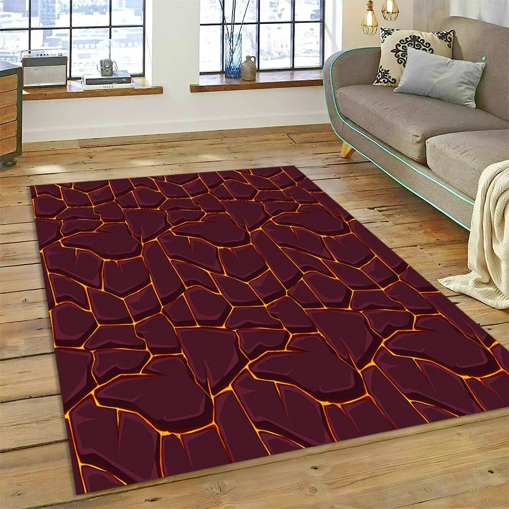 3D Volcano Rug for Kids Room - Lava Magma Themed Play Mat, Non-Slip Large Area Carpet