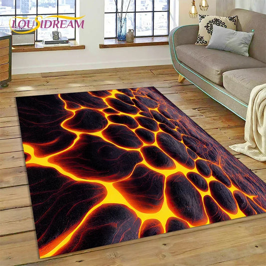 3D Volcano Rug for Kids Room - Lava Magma Themed Play Mat, Non-Slip Large Area Carpet