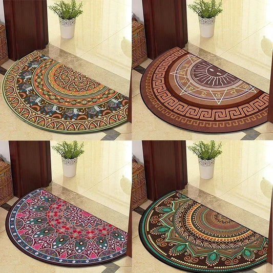 European Retro Half-Moon Doormat - Semi-Circular Entrance Rug for Living Room