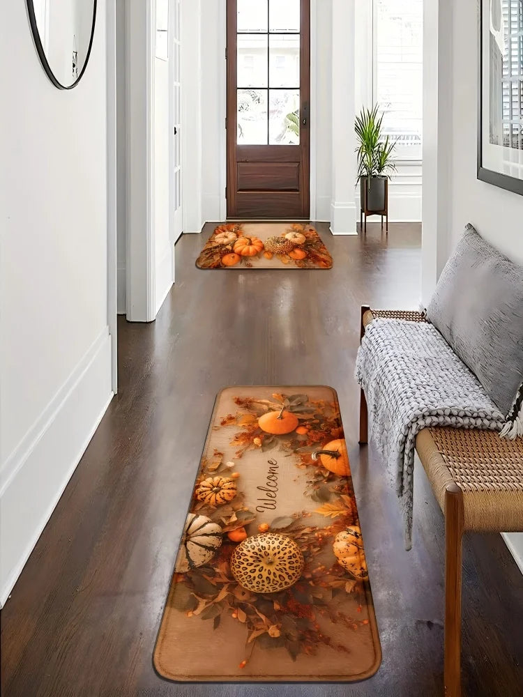 Autumn Pumpkin Doormat 2-Pack - Soft & Non-Slip Fall Welcome Mats for Porch & Entryway