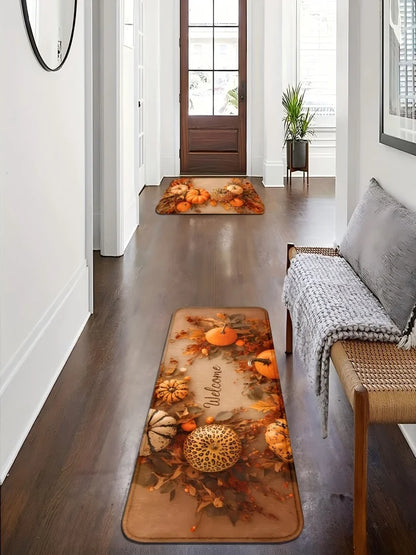 Autumn Pumpkin Doormat 2-Pack - Soft & Non-Slip Fall Welcome Mats for Porch & Entryway