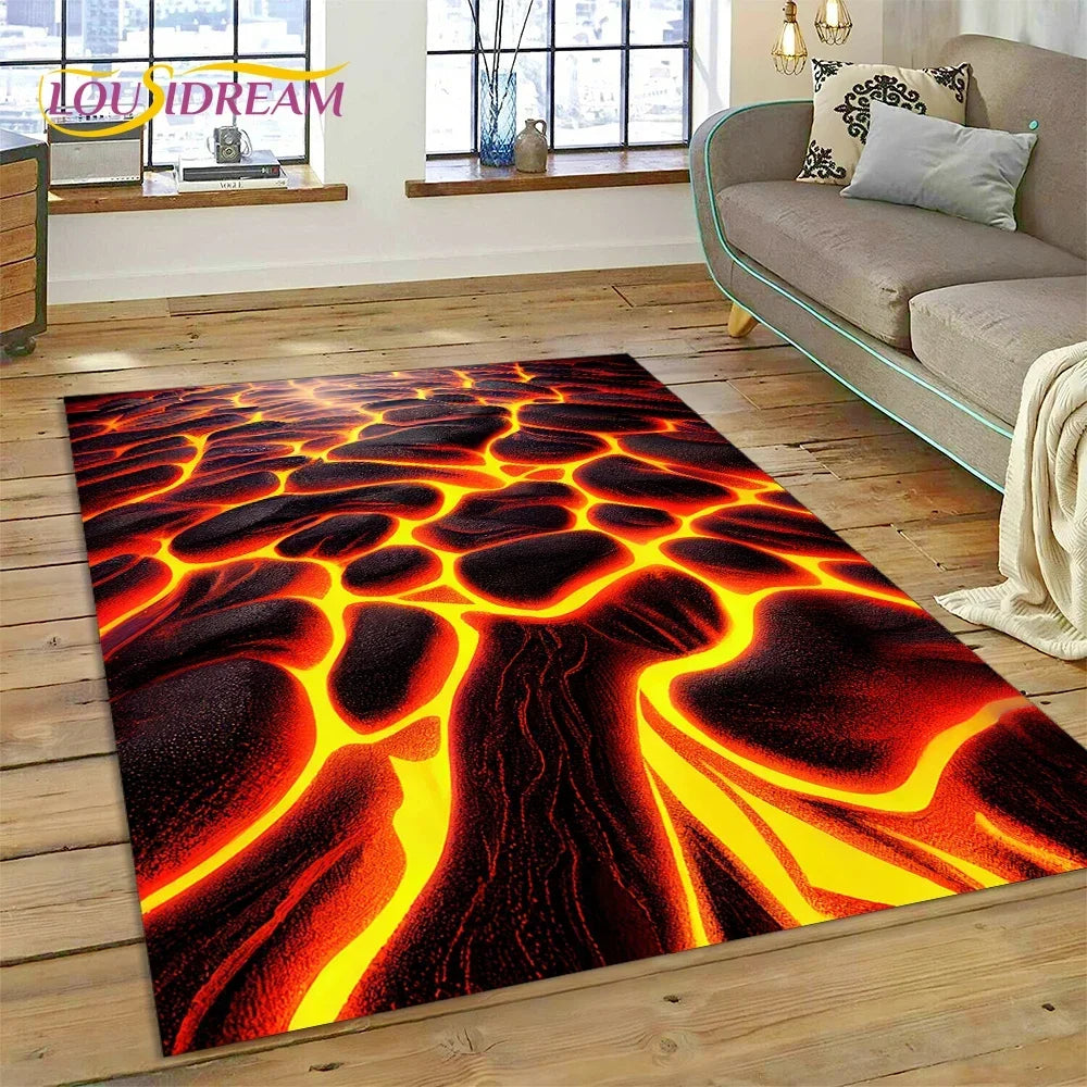 3D Volcano Rug for Kids Room - Lava Magma Themed Play Mat, Non-Slip Large Area Carpet