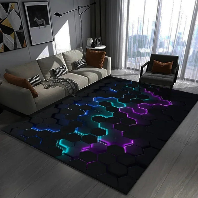 3D Geometric Gamer Rug - Large Dark Themed Carpet for Gaming Room & Bedroom Decor