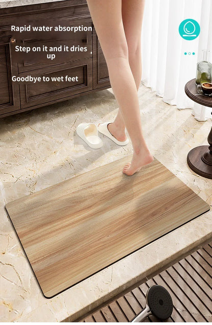 Black Wood Grain Bath Mat - Quick-Dry, Absorbent & Non-Slip Diatomite Rug