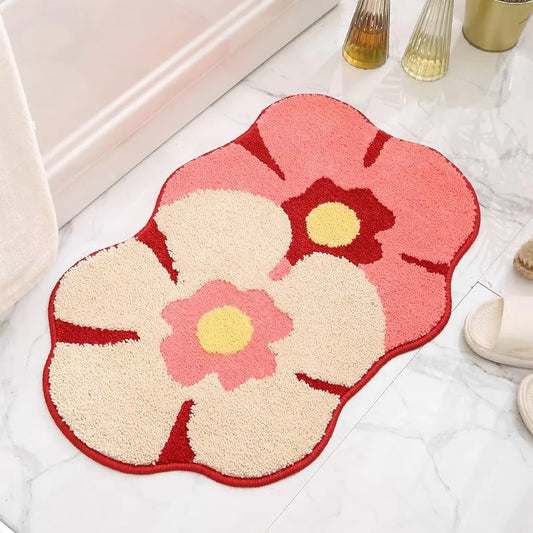 Floral Faux Fur Bath Mat - Plush, Absorbent & Non-Slip Rug for Cute Home Decor