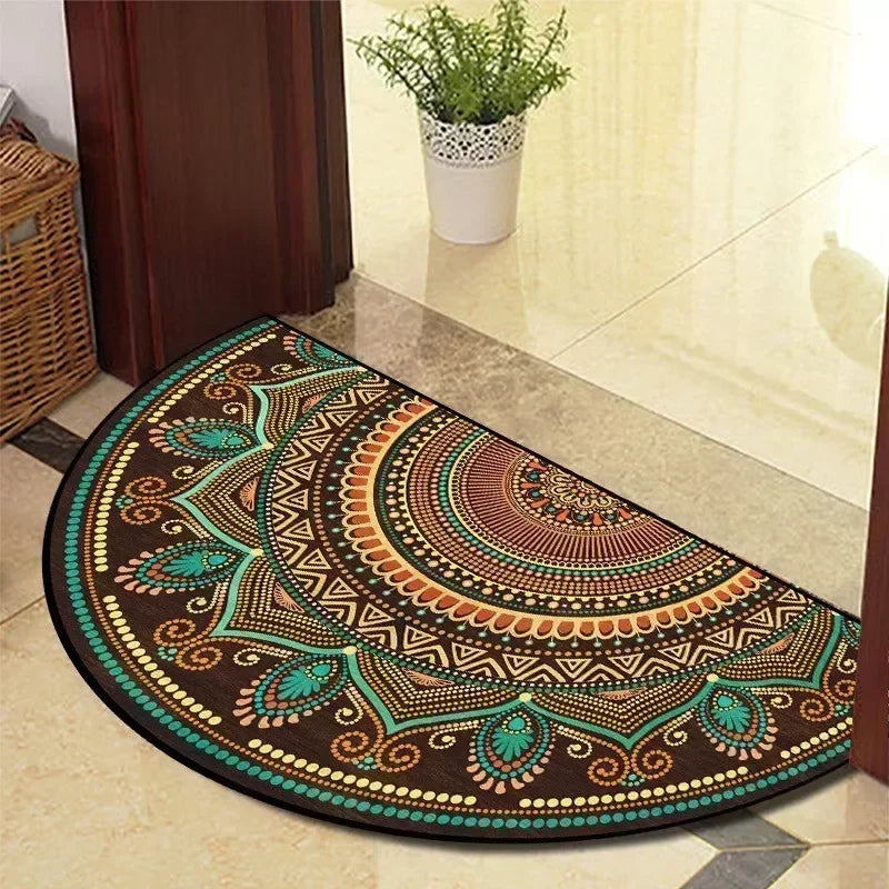 European Retro Half-Moon Doormat - Semi-Circular Entrance Rug for Living Room