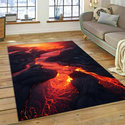 3D Volcano Rug for Kids Room - Lava Magma Themed Play Mat, Non-Slip Large Area Carpet