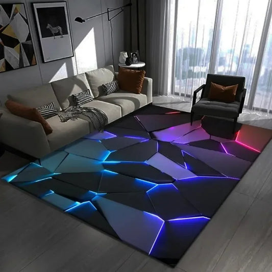 3D Geometric Gamer Rug - Large Dark Themed Carpet for Gaming Room & Bedroom Decor