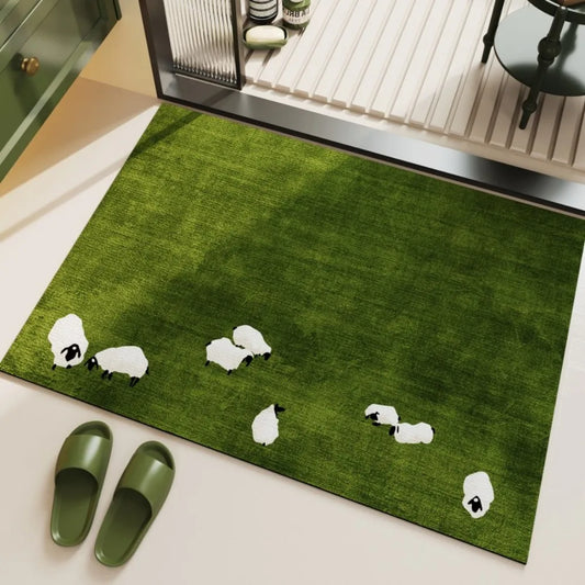 Sheep Pattern Artificial Grass Doormat - Green, Non-Slip & Easy to Clean