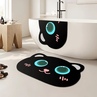 Cat Shaped Bath Mat, Diatomaceous Earth Quick Dry Mat, Funny Cat Lovers Gift, Absorbent Non-Slip Bathroom Rug, Black Cat Decor