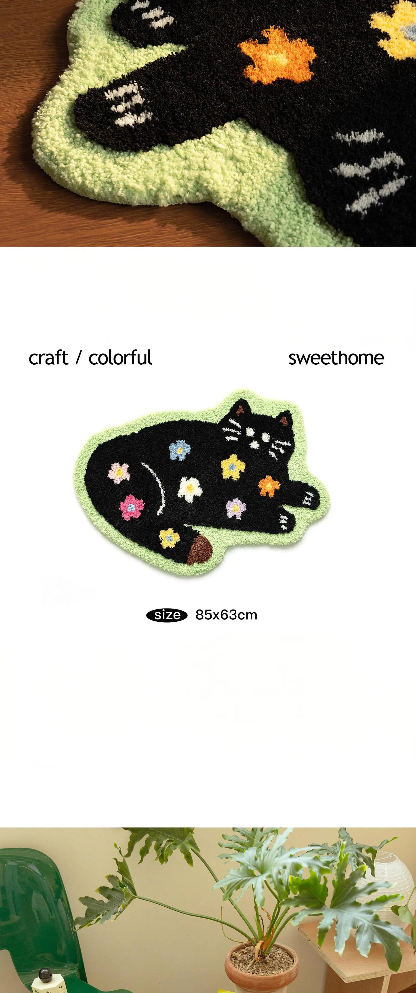 Cute Cat Floor Mat, Soft Furry Bedside Rug, Plush Kids Room Carpet, Non-Slip Nursery Mat, Cat Themed Bedroom Decor