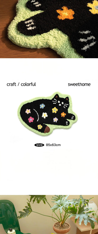 Cute Cat Floor Mat, Soft Furry Bedside Rug, Plush Kids Room Carpet, Non-Slip Nursery Mat, Cat Themed Bedroom Decor