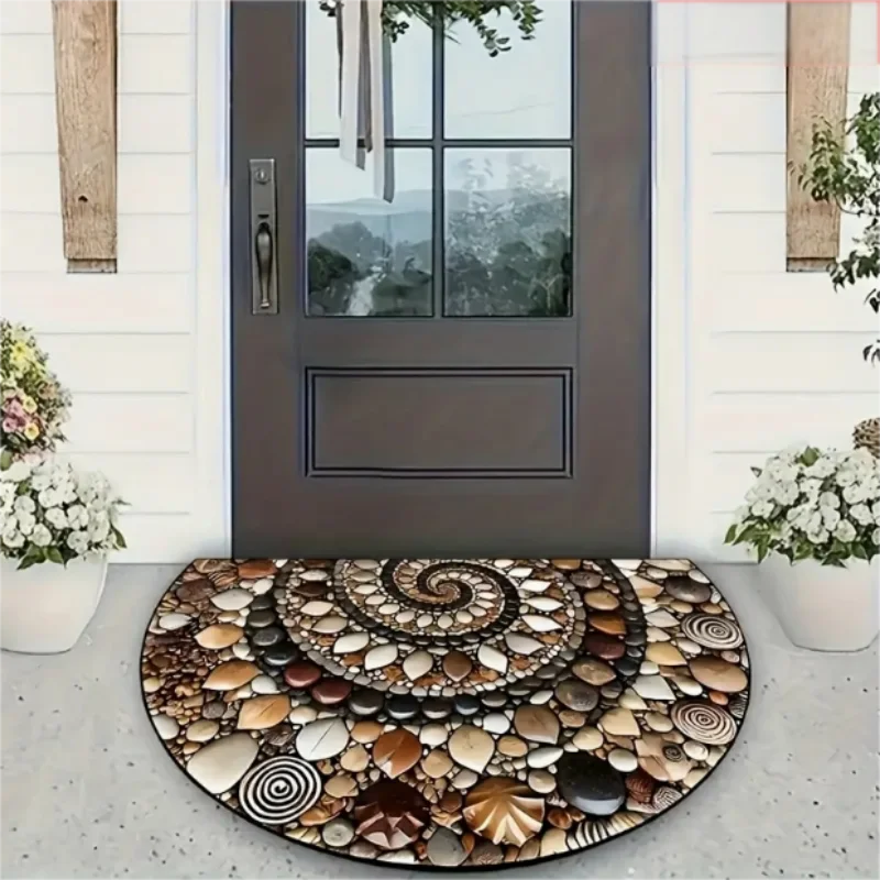 American Vintage Half-Moon Rug - Pebble & Spiral Pattern, Non-Slip Doormat