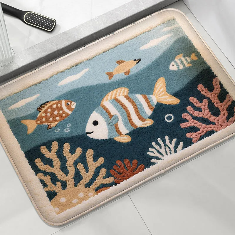 Underwater Fish Bath Mat - Absorbent & Non-Slip Shower Floor Rug for Modern Bathrooms