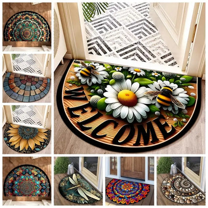 Boho Floral Half-Moon Doormat - Non-Slip & Washable for Indoor/Outdoor Entry