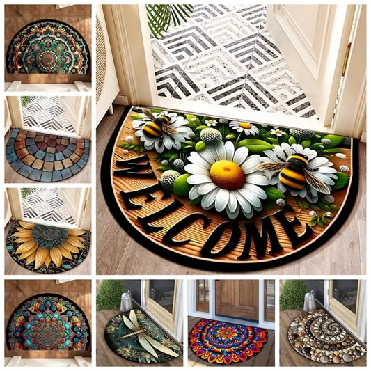 Boho Floral Half-Moon Doormat - Non-Slip & Washable for Indoor/Outdoor Entry