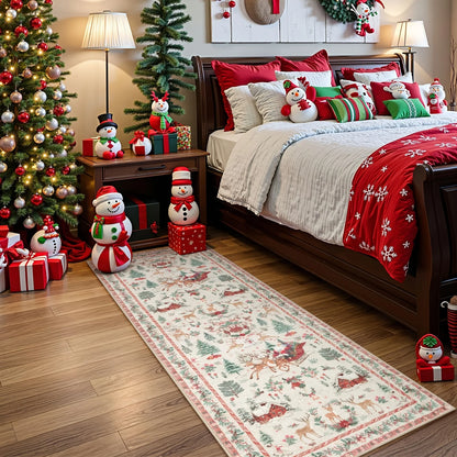 Christmas Red Runner Mat - Festive Hallway & Kitchen Rug, Machine Washable