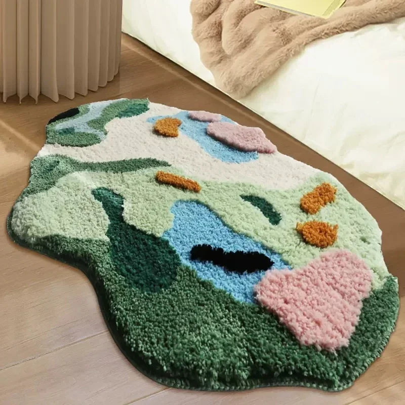 Nordic 3D Moss Rug, Artificial Lawn Carpet for Bedroom, Green Forest Irregular Floor Mat, Chic Living Room Decor, Modern Bedside Area Rug