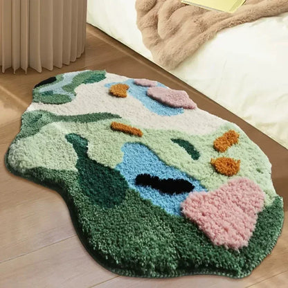 Nordic 3D Moss Rug, Artificial Lawn Carpet for Bedroom, Green Forest Irregular Floor Mat, Chic Living Room Decor, Modern Bedside Area Rug
