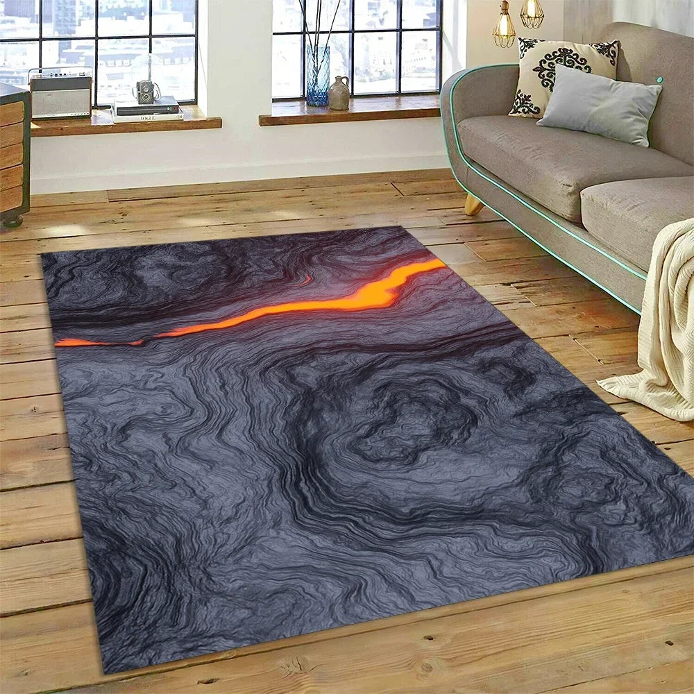 3D Volcano Rug for Kids Room - Lava Magma Themed Play Mat, Non-Slip Large Area Carpet