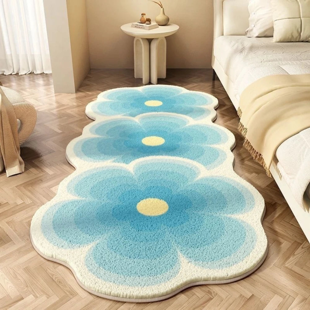 Floral Striped Bedroom Rug - Soft Flannel Carpet for Bedside & Bay Window