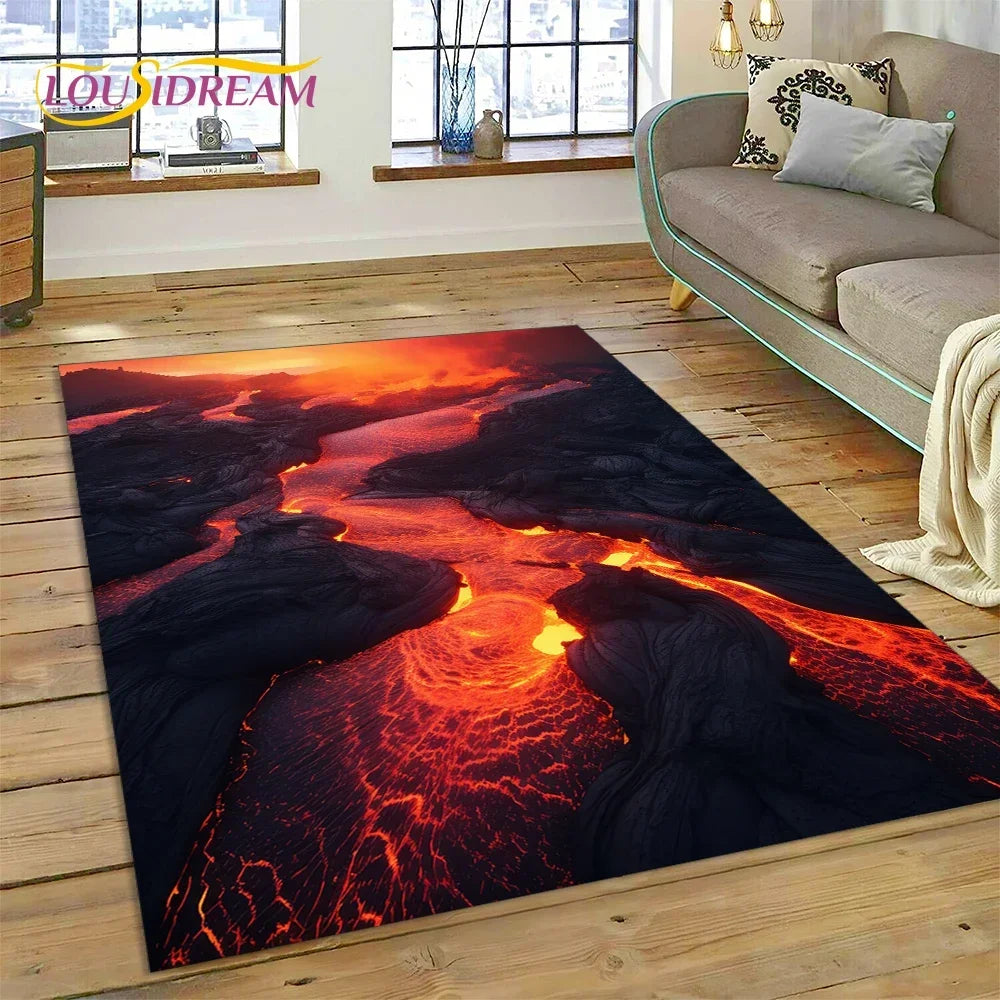 3D Volcano Rug for Kids Room - Lava Magma Themed Play Mat, Non-Slip Large Area Carpet