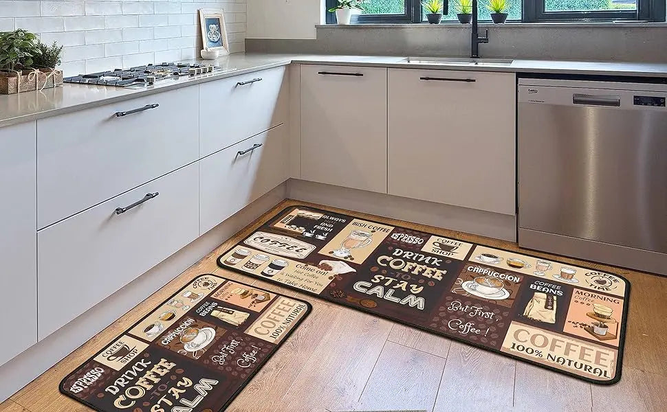 2-Pack Kitchen Rugs and Mats, Non-Slip Washable Floor Mat Set, Stain Resistant Coffee Brown Rugs, Kitchen Sink & Stove Mats