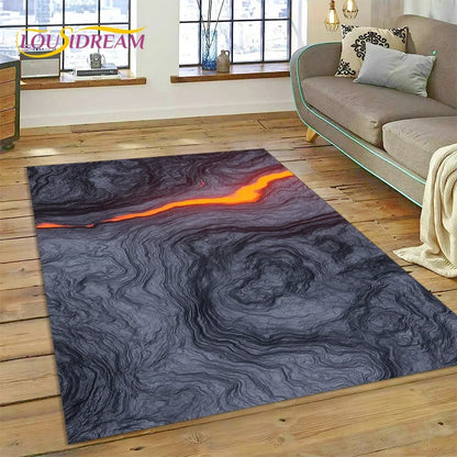 3D Volcano Rug for Kids Room - Lava Magma Themed Play Mat, Non-Slip Large Area Carpet
