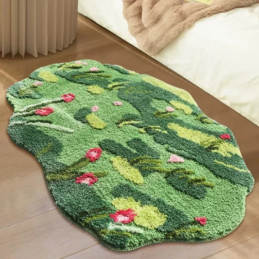 Nordic 3D Moss Rug, Artificial Lawn Carpet for Bedroom, Green Forest Irregular Floor Mat, Chic Living Room Decor, Modern Bedside Area Rug