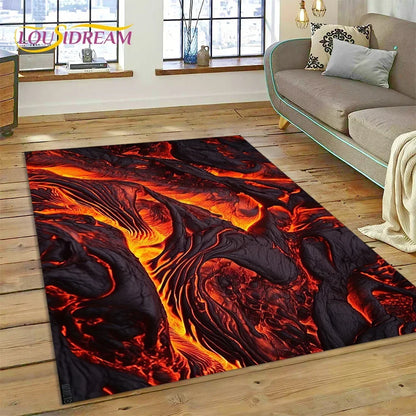 3D Volcano Rug for Kids Room - Lava Magma Themed Play Mat, Non-Slip Large Area Carpet