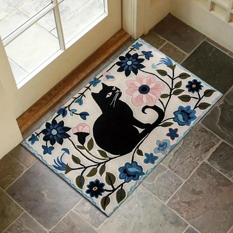 Black Cat Floral Floor Mat - Cute Pet Themed Rug for Bedroom & Children's Room
