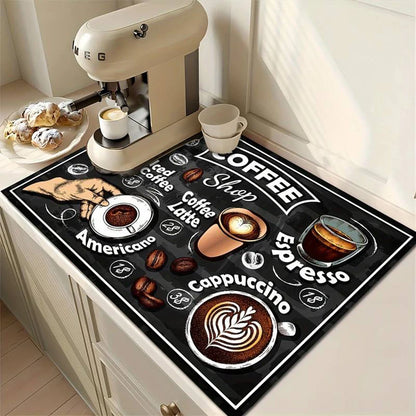 Coffee Machine Mat, Absorbent Counter Protector, Printed Utensil Drying Mat, Kitchen Desktop Drainage Pad, Sink Tray Liner
