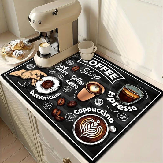 Coffee Machine Mat, Absorbent Counter Protector, Printed Utensil Drying Mat, Kitchen Desktop Drainage Pad, Sink Tray Liner