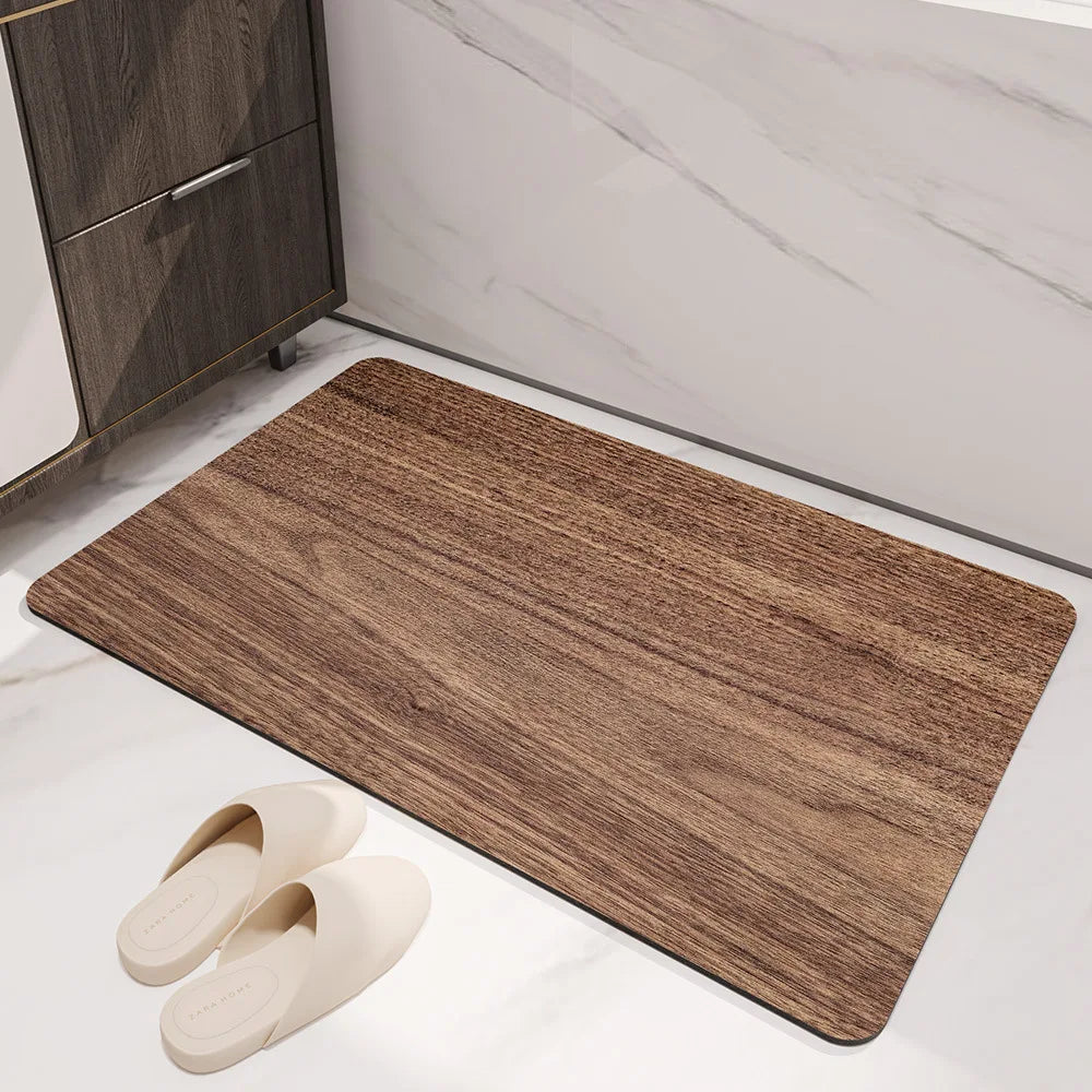 Black Wood Grain Bath Mat - Quick-Dry, Absorbent & Non-Slip Diatomite Rug