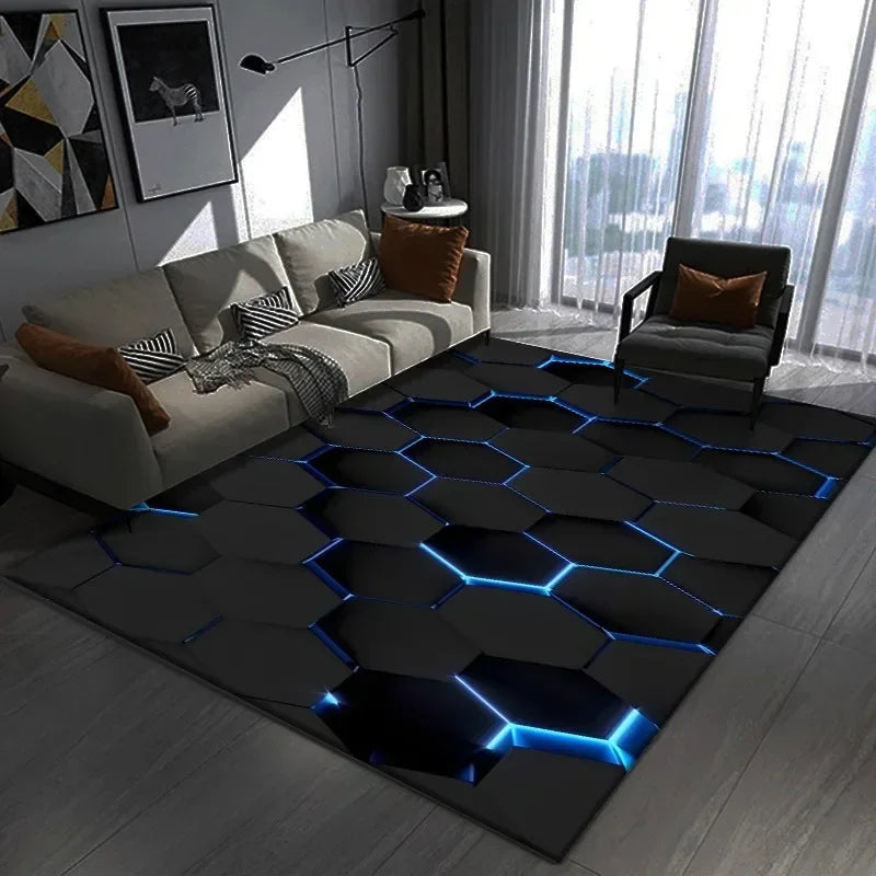 3D Geometric Gamer Rug - Large Dark Themed Carpet for Gaming Room & Bedroom Decor