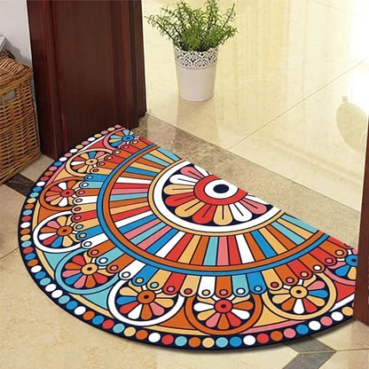 European Retro Half-Moon Doormat - Semi-Circular Entrance Rug for Living Room
