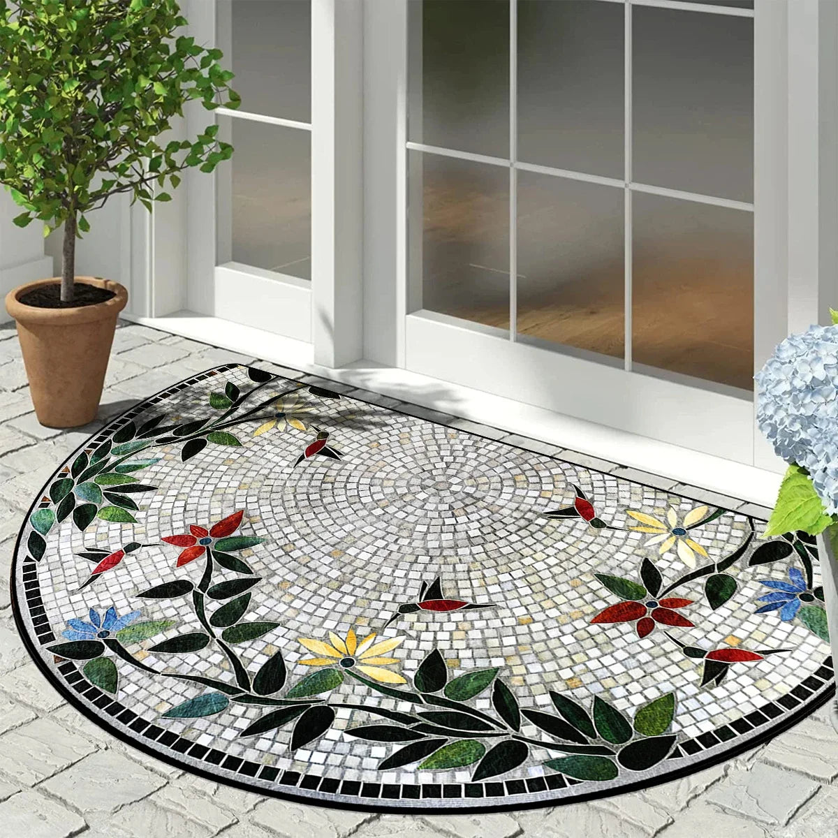 Floral Semi-Circular Doormat - Decorative & Durable Outdoor/Indoor Entrance Rug
