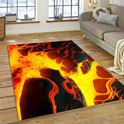 3D Volcano Rug for Kids Room - Lava Magma Themed Play Mat, Non-Slip Large Area Carpet