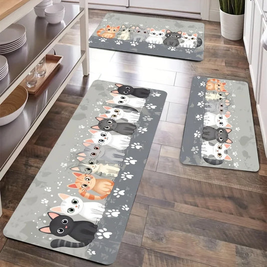 Cute Kitten Kitchen Mat - Absorbent & Non-Slip Floor Pad with Paw Print Design