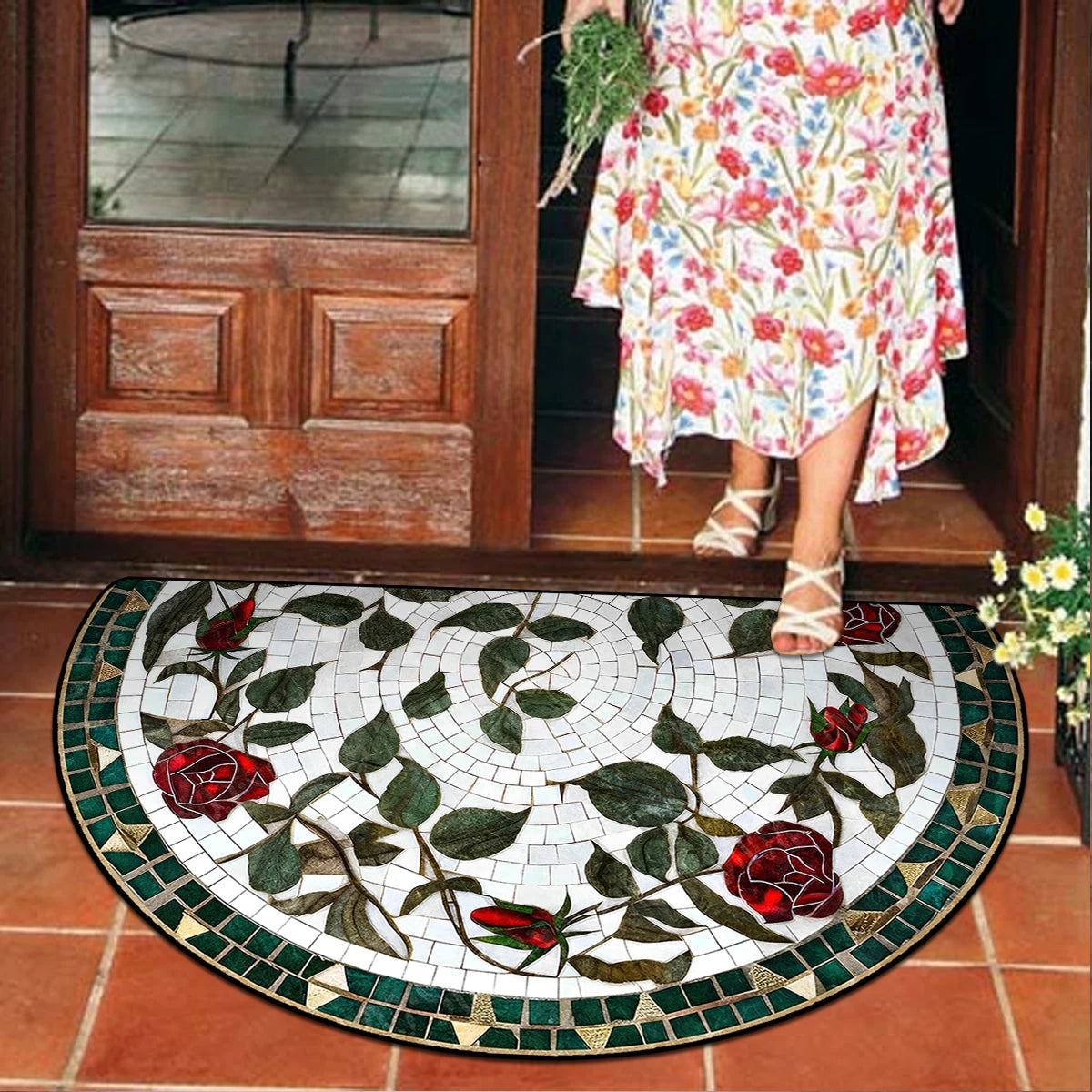Floral Semi-Circular Doormat - Decorative & Durable Outdoor/Indoor Entrance Rug