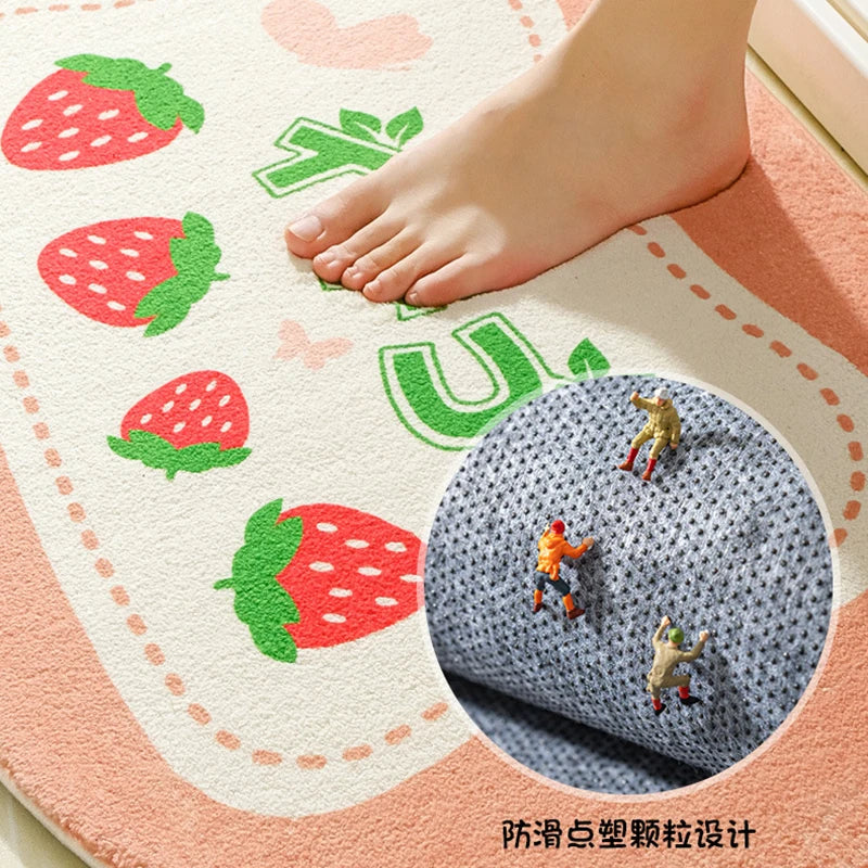 Small Fresh Floral Bath Mat, Absorbent Non-Slip Bathroom Rug with Words, Soft Toilet & Bedroom Floor Carpet, Decorative Entrance Doormat