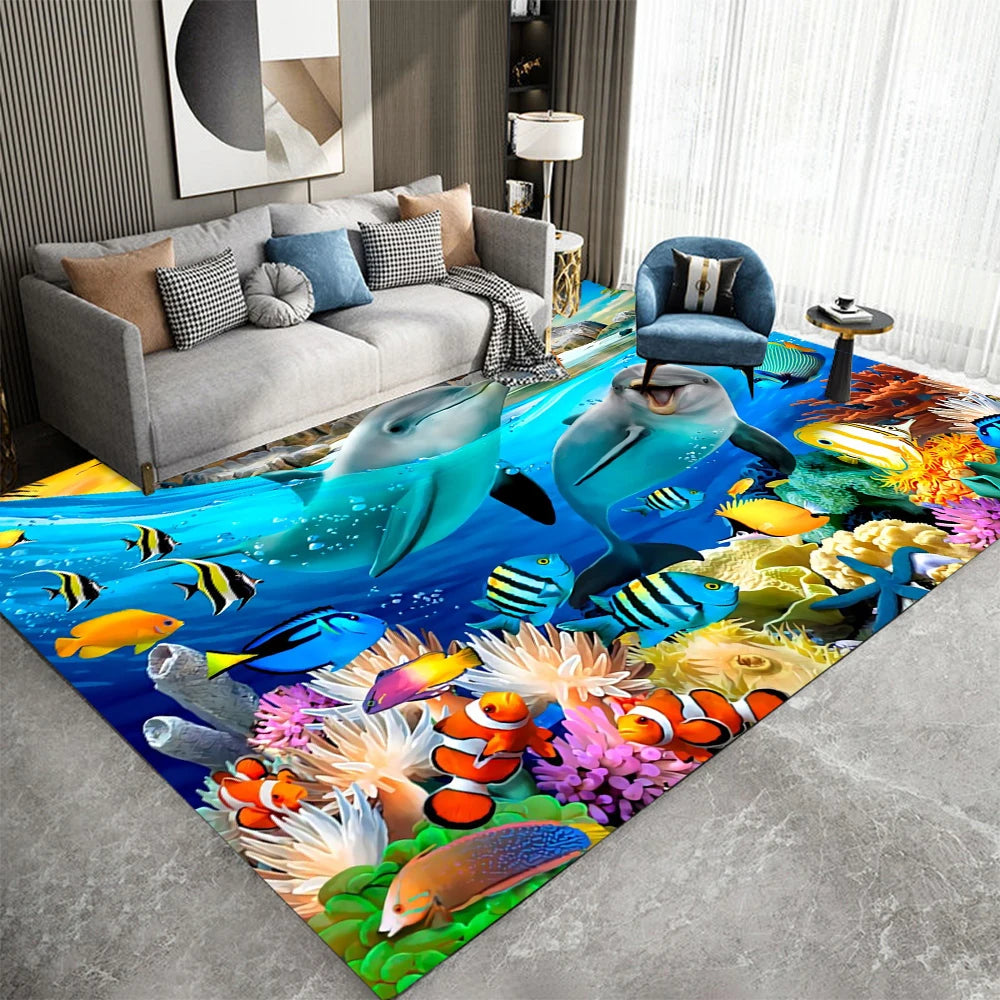 3D Ocean Animal Area Rug - Underwater World Colorful Carpet for Bedroom, Living Room, Kitchen
