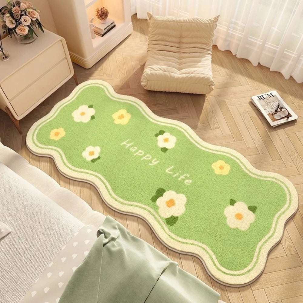 Floral Striped Bedroom Rug - Soft Flannel Carpet for Bedside & Bay Window