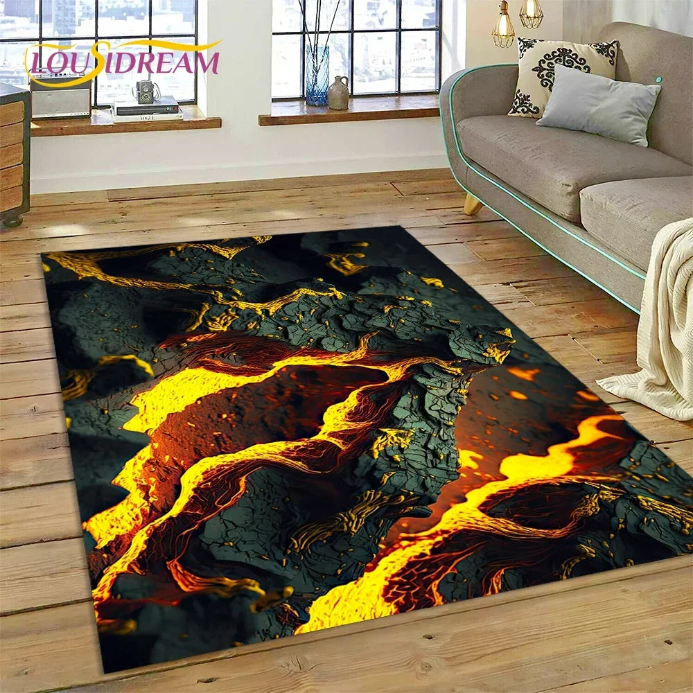 3D Volcano Rug for Kids Room - Lava Magma Themed Play Mat, Non-Slip Large Area Carpet