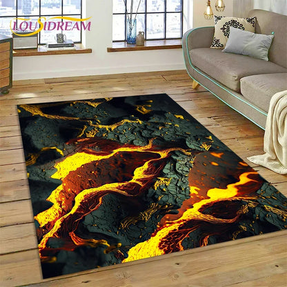 3D Volcano Rug for Kids Room - Lava Magma Themed Play Mat, Non-Slip Large Area Carpet