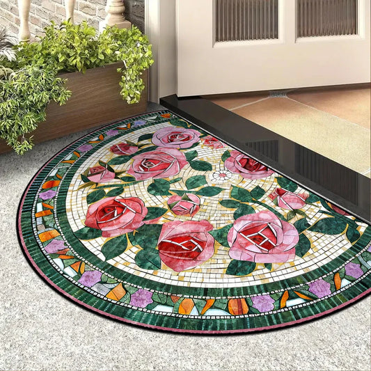 Spring Garden Doormat - Colorful Floral Half-Moon Rug for Outdoor Entryway