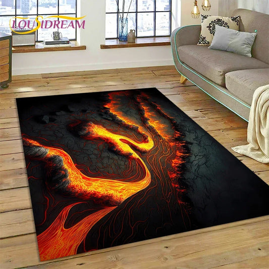 3D Volcano Rug for Kids Room - Lava Magma Themed Play Mat, Non-Slip Large Area Carpet