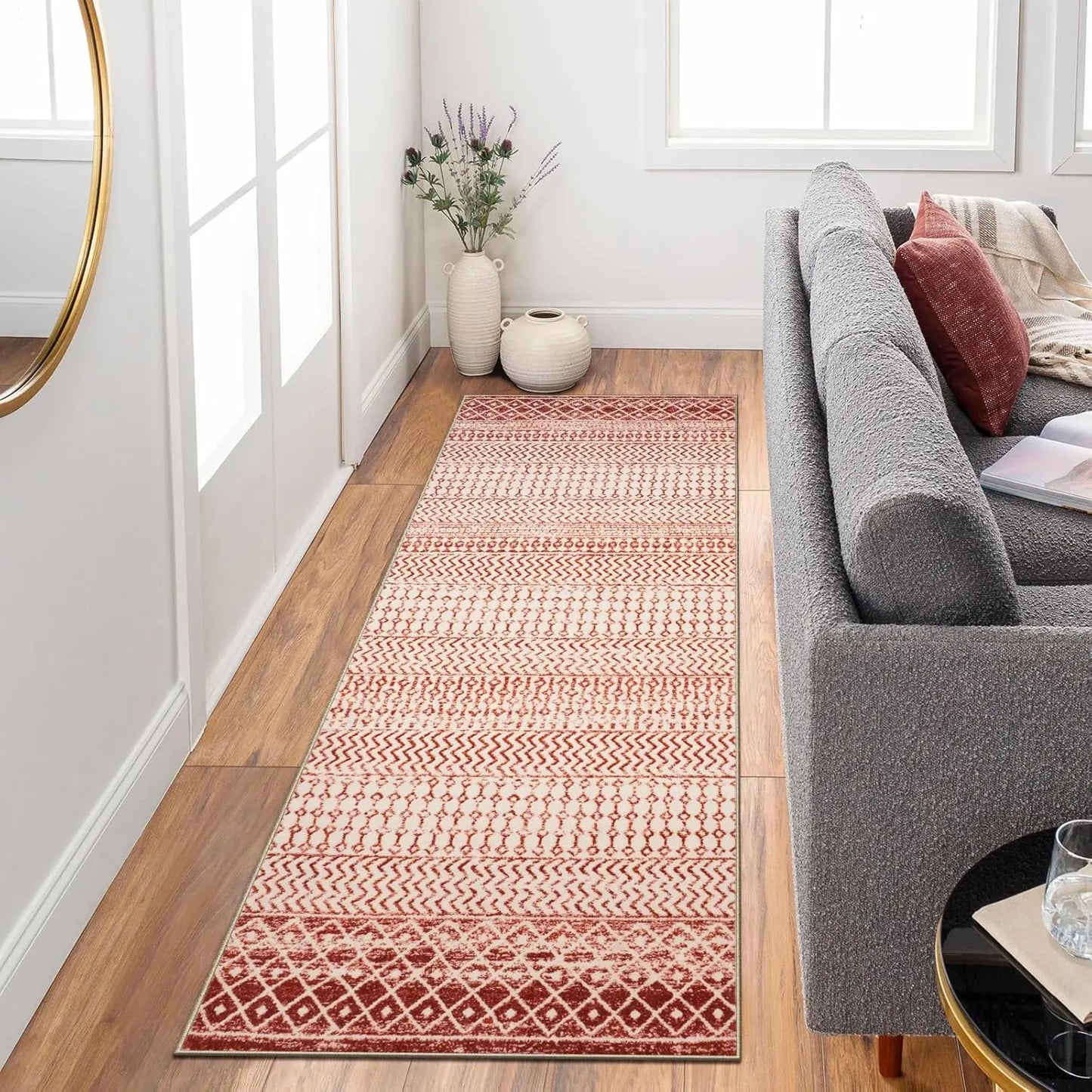 Christmas Red Geometric Rug - American Minimalist, Easy-Clean Entryway Carpet