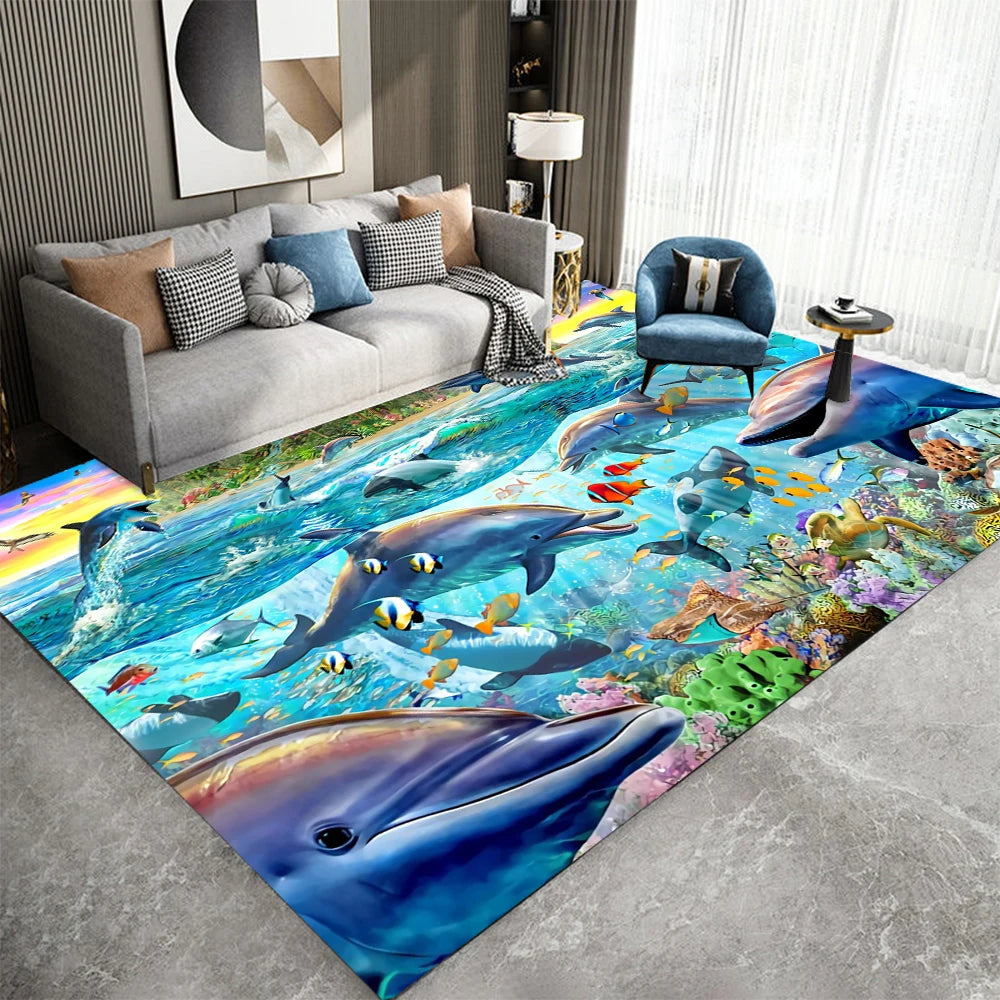 3D Ocean Animal Area Rug - Underwater World Colorful Carpet for Bedroom, Living Room, Kitchen