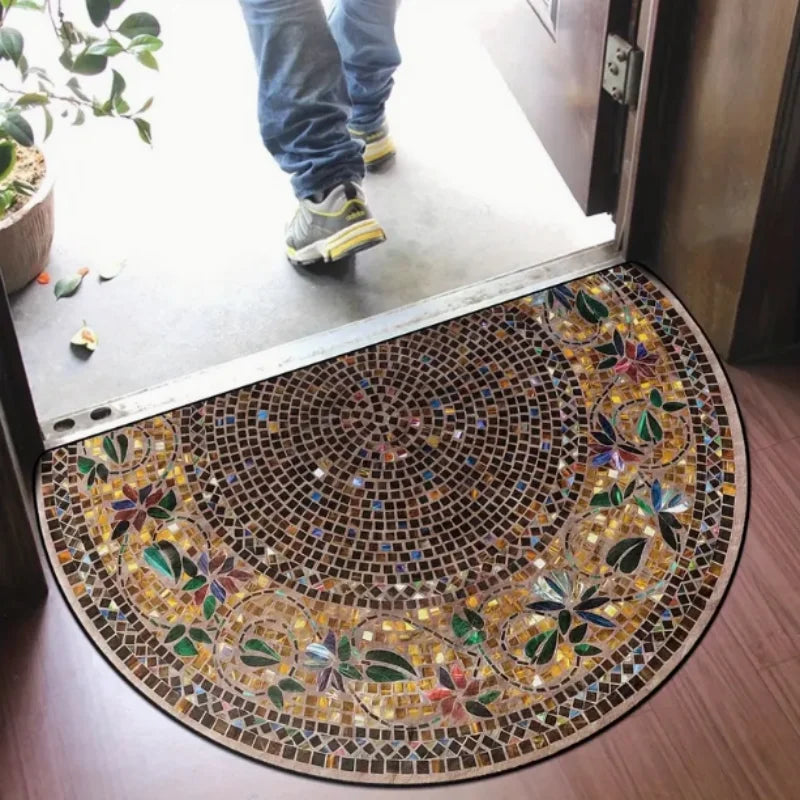 American Vintage Half-Moon Rug - Pebble & Spiral Pattern, Non-Slip Doormat